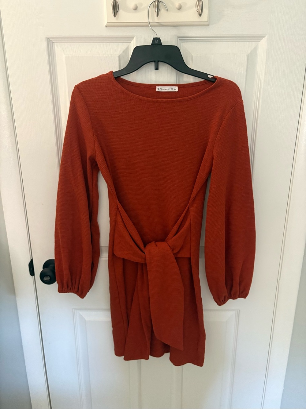 Rust Knit Tie-Waist Long Sleeve Dress
